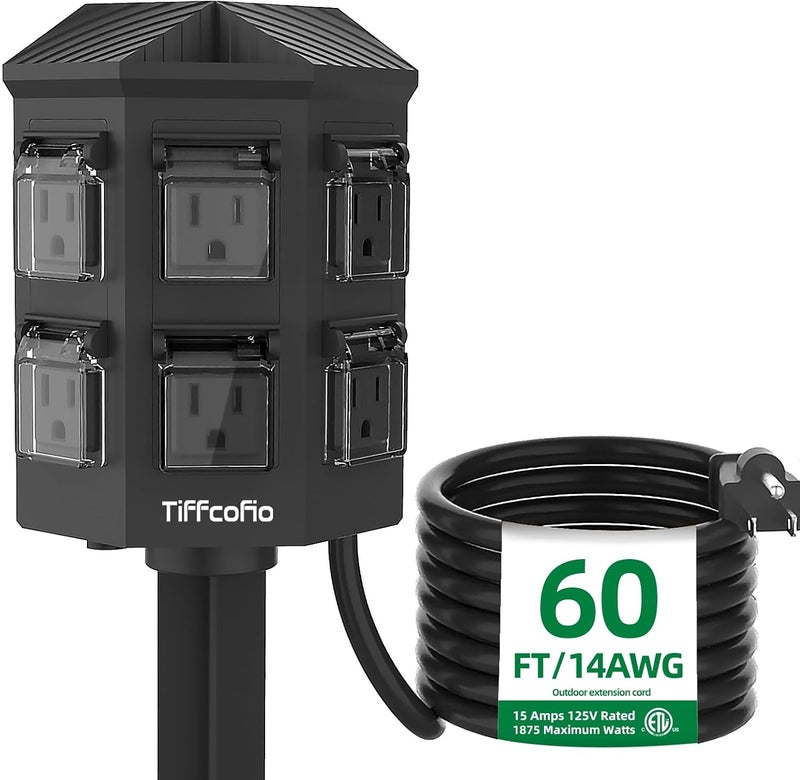 Tiffcofio Outdoor Power Strip with Stake Waterproof, 60 FT Extension Cord, 6 Grounded Outlets for Outdoor Lights, 14 AWG, 15A/1875W, ETL Listed - Image 1